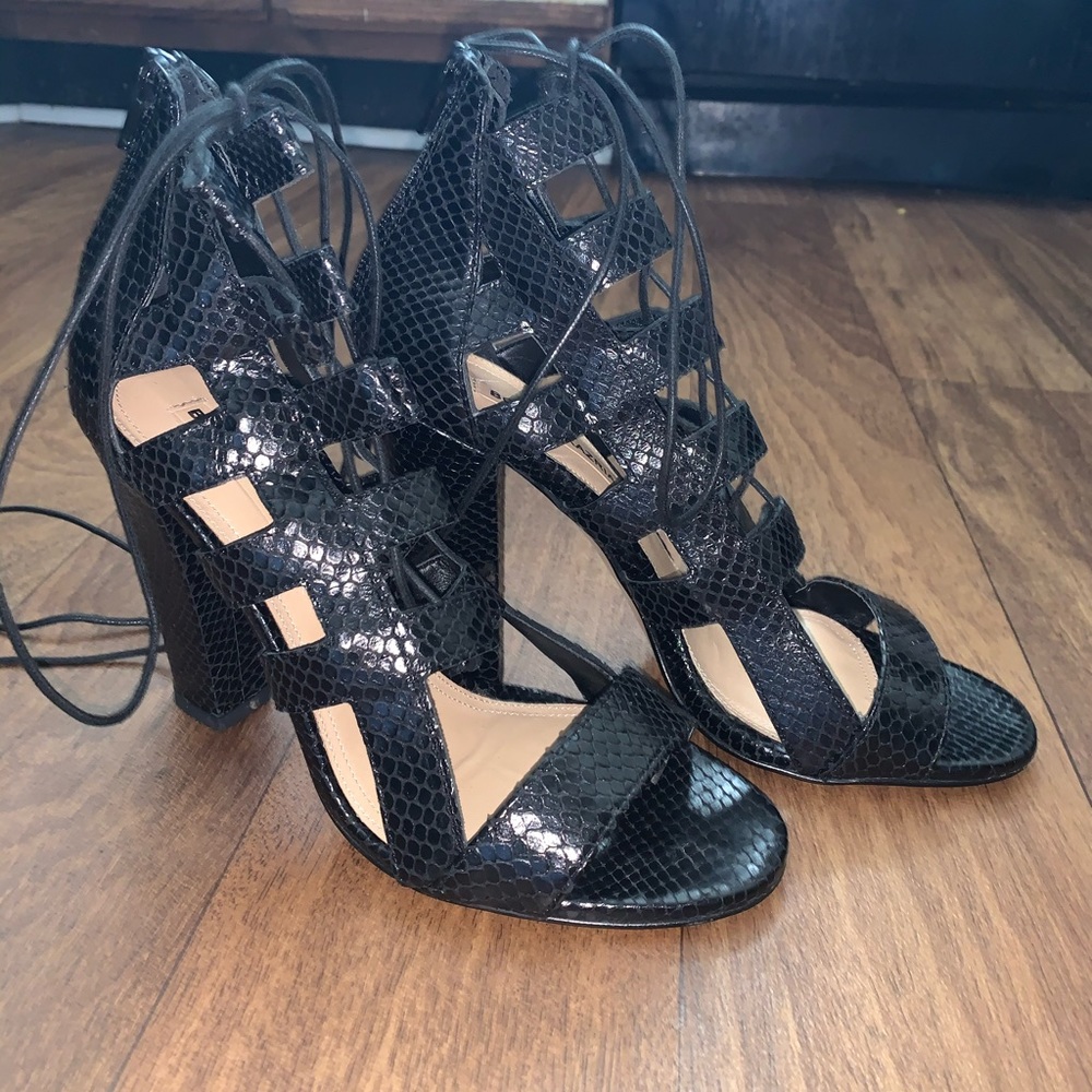 Black High-heel Lace-up Cutout Python Sandals